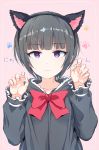  1girl animal_ears bangs black_dress black_hair black_hairband bow cat_ears claw_pose closed_mouth collarbone commentary_request dress eyebrows_visible_through_hair fake_animal_ears fingernails gomennasai hairband hands_up idolmaster idolmaster_cinderella_girls light_frown long_sleeves looking_at_viewer partial_commentary paw_background pink_background puffy_long_sleeves puffy_sleeves red_bow shirayuki_chiyo short_hair sidelocks simple_background solo translated upper_body violet_eyes 