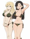  2girls alternate_hairstyle arm_behind_back arm_behind_head arm_up armpits asymmetrical_bangs bangs bikini black_bikini black_footwear blonde_hair blue_eyes blush boots breasts brown_eyes brown_hair camouflage camouflage_bikini closed_eyes closed_mouth commentary darjeeling eyebrows_visible_through_hair girls_und_panzer green_bikini groin hair_down half-closed_eyes hands_together highres interlocked_fingers knee_boots legs long_hair looking_at_viewer medium_breasts multiple_girls navel nishi_kinuyo open_mouth side-tie_bikini simple_background skindentation smile standing swimsuit translated wata_do_chinkuru white_background 