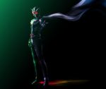  1boy black_background full_body gradient gradient_background green_background highres ishiyumi kamen_rider kamen_rider_double kamen_rider_w male_focus pointing pose rider_belt scarf solo 