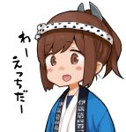  1girl blush_stickers brown_eyes brown_hair clothes_writing commentary_request cowboy_shot hair_ornament hairclip happi headband i-401_(kantai_collection) japanese_clothes kantai_collection open_mouth polka_dot_headband ponytail sailor_collar simple_background solo suka translated upper_body white_background 