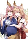  2girls animal_ear_fluff animal_ears blonde_hair blue_hakama blush breasts commentary commentary_request eyebrows_visible_through_hair fate/extra fate/extra_ccc fate/extra_ccc_fox_tail fate/grand_order fate_(series) fox_ears fox_girl fox_tail hakama highres japanese_clothes kimono long_hair looking_at_viewer multiple_girls obi open_mouth pink_hair sash surprised suzuka_gozen_(fate) tail tamamo_(fate)_(all) tamamo_no_mae_(fate) watanai72 yellow_eyes 