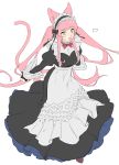 1girl absurdres animal_ears black_bow blue_eyes blush bow cat_ears dress frills heart highres maid maid_headdress open_mouth original pink_hair pink_tail red_bow red_neckwear sankomichi simple_background sketch smile solo standing tail white_background 