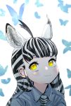  1girl absurdres ahoge akegata_tobari animal animal_ears animal_print bangs black_hair blush bug butterfly closed_mouth collared_shirt commentary_request extra_ears eyebrows_visible_through_hair face grey_shirt highres huge_filesize insect kemono_friends long_hair looking_at_viewer multicolored_hair necktie plains_zebra_(kemono_friends) print_neckwear shirt sidelocks smile solo two-tone_hair white_hair wing_collar yellow_eyes zebra_ears zebra_print 