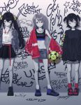  3girls :| absurdres against_wall akagi_miria ball bare_shoulders belt black_footwear black_hair black_skirt blue_footwear bracelet choker closed_eyes closed_mouth collarbone commentary_request denim denim_jacket denim_skirt earrings english_text fishnet_legwear fishnets football_(object) full_body graffiti hair_ribbon hand_in_pocket highres holding holding_ball hoop_earrings idolmaster idolmaster_cinderella_girls jacket jacket_on_shoulders jewelry jitome light_oooo long_hair long_sleeves looking_at_viewer looking_down matoba_risa miniskirt multiple_girls muted_color navel necklace open_clothes open_jacket oversized_clothes red_legwear removing_jacket ribbon sandals shoes short_hair short_twintails skirt sleeves_past_wrists sneakers socks standing star stomach tank_top track_jacket twintails violet_eyes white_legwear yellow_eyes yellow_ribbon yuuki_haru 