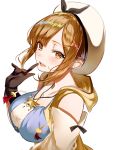  1girl atelier_(series) atelier_ryza bangs blush breasts brown_eyes brown_hair collarbone detached_sleeves eyebrows_visible_through_hair eyes_visible_through_hair from_side ggatip gloves hair_between_eyes hair_ornament hairclip hand_up hat highres index_finger_raised jacket jewelry large_breasts long_sleeves looking_at_viewer necklace open_mouth reisalin_stout shirt short_hair sidelocks simple_background smile solo star teeth upper_body white_background white_headwear 