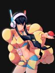  1girl 2049_(hh5566) absurdres bangs black_background black_hair blunt_bangs blush breasts closed_mouth coat collarbone commentary_request cowboy_shot elesa_(pokemon) eyelashes green_eyes hand_up headphones highres holding holding_poke_ball korean_commentary long_sleeves looking_at_viewer midriff open_clothes open_coat poke_ball poke_ball_(basic) pokemon pokemon_(game) pokemon_bw2 short_hair_with_long_locks sidelocks simple_background smile solo yellow_coat 