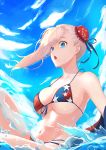  1girl :o asymmetrical_hair bangs bikini blue_eyes blue_sky breasts bun_cover clouds commentary_request day fate/grand_order fate_(series) fishofthelakes floral_print front-tie_bikini front-tie_top highres jacket large_breasts looking_at_viewer micro_bikini miyamoto_musashi_(fate/grand_order) miyamoto_musashi_(swimsuit_berserker)_(fate) navel open_mouth outdoors pink_hair revision side_bun sidelocks sky splashing star star_print striped striped_bikini swimsuit thighs under_boob upper_teeth water 