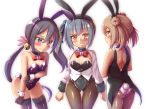  3girls akebono_(kantai_collection) alternate_costume animal_ears ass bell black_gloves black_jacket black_legwear black_leotard breasts brown_eyes bunny_girl bunny_tail bunnysuit choker collarbone covered_navel cowboy_shot double_bun fake_animal_ears fake_tail fishnet_pantyhose fishnets flower gloves grey_hair hair_bell hair_flower hair_ornament hair_ribbon heart_lock_(kantai_collection) highres jacket jingle_bell kantai_collection kasumi_(kantai_collection) kurokoshou_(emuburemu123) leotard light_brown_hair long_hair michishio_(kantai_collection) multiple_girls open_clothes open_jacket pantyhose purple_hair purple_leotard rabbit_ears ribbon short_twintails side_ponytail small_breasts standing strapless strapless_leotard tail thigh-highs twintails very_long_hair violet_eyes white_background white_jacket white_leotard wrist_cuffs 