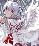 1girl angel_wings capelet commentary_request curly_hair dress feathered_wings feathers fingernails halo head_tilt long_fingernails long_sleeves looking_at_viewer looking_to_the_side pointy_ears red_eyes red_nails remilia_scarlet satomachi short_hair silver_hair solo touhou white_dress wings 