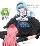  3girls blue_hair crossed_arms english_text girls_frontline gloves green_hair highres jojo_no_kimyou_na_bouken m950a_(girls_frontline) multiple_girls namesake ntw-20_(girls_frontline) parody phantom_blood pink_hair springveiv surprised thunder_(girls_frontline) thunder_cross_split_attack wryyyyyyyyyyyyyyyyyyyy 