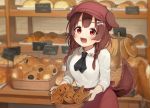  1girl :3 :d animal_ears bakery bangs basket black_neckwear blurry blurry_background blush bone_hair_ornament braid bread brick_wall brown_eyes brown_hair brown_headwear brown_skirt cabbie_hat collared_shirt commentary_request depth_of_field dog_ears dog_girl dog_tail eyebrows_behind_hair food hair_over_shoulder hat holding holding_basket hololive indoors inugami_korone long_hair long_sleeves looking_at_viewer low_twintails neckerchief open_mouth seramikku shirt shop sign skirt smile solo tail twin_braids twintails virtual_youtuber white_shirt 