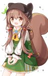  1girl :d acorn animal_ears animal_hat ascot backpack bag bangs blush bow brown_eyes brown_hair brown_headwear cowboy_shot dress eyebrows_visible_through_hair fake_animal_ears green_dress green_ribbon hair_between_eyes hair_bow hair_ornament hairclip hat long_hair long_sleeves looking_away low_twintails open_mouth original puffy_long_sleeves puffy_sleeves red_bow ribbon shirt simple_background sleeveless sleeveless_dress sleeves_past_wrists smile solo squirrel_ears squirrel_girl squirrel_hat squirrel_tail tail twintails very_long_hair white_background white_shirt x_hair_ornament yellow_neckwear yuuhagi_(amaretto-no-natsu) 