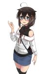  1girl ahoge bag bangs bespectacled black_legwear blue_eyes blush braid brown_hair denim denim_skirt glasses gouta_(nagishiro6624) hair_between_eyes hair_flaps hair_ornament handbag highres kantai_collection long_hair looking_at_viewer off-shoulder_shirt off_shoulder open_mouth pinky_out red-framed_eyewear red_neckwear red_ribbon remodel_(kantai_collection) ribbon shigure_(kantai_collection) shirt simple_background single_braid skirt sleeveless sleeveless_shirt solo thigh-highs turtleneck white_background 