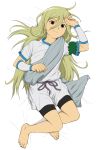  1boy afuro_terumi barefoot bike_shorts blonde_hair dakimakura feet full_body hair_between_eyes highres inazuma_eleven inazuma_eleven_(series) looking_at_viewer male_focus red_eyes soccer_uniform solo sportswear yamamiya_hiroshi zeus_(inazuma_eleven) 