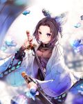  1girl animal bangs belt belt_buckle black_hair black_jacket black_skirt blurry blurry_background blurry_foreground breasts buckle bug butterfly butterfly_hair_ornament closed_mouth commentary_request depth_of_field forehead hair_ornament highres holding holding_sheath holding_sword holding_weapon insect jacket katana kimetsu_no_yaiba kochou_shinobu long_sleeves looking_at_viewer multicolored_hair mutang open_clothes parted_bangs pleated_skirt purple_hair sheath skirt small_breasts solo streaked_hair sword violet_eyes weapon white_belt wide_sleeves 