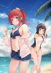  2girls :o ahoge aqua_eyes arm_behind_back bangs bare_shoulders beach bikini blue_bikini blue_sky blush bow_bikini breasts brown_hair clouds collarbone competition_swimsuit contrapposto day denim denim_shorts dripping eyebrows_visible_through_hair food groin hair_ears hair_tucking hairband hand_on_own_thigh hand_up head_tilt highres holding horizon kibashiba knees_together_feet_apart lens_flare long_hair looking_at_viewer mountainous_horizon multiple_girls navel ocean off_shoulder one-piece_swimsuit open_clothes open_shorts original outdoors palm_tree ponytail popsicle redhead short_shorts shorts sidelocks sky small_breasts smile standing sunlight swimsuit tree unbuttoned unzipped 