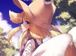  1girl bangs blonde_hair blue_eyes blue_sky blurry blurry_background breasts brown_headwear commentary_request day eyebrows_visible_through_hair from_side hair_ribbon ibuki_notsu long_sleeves looking_at_viewer medium_breasts moriya_suwako outdoors profile purple_vest red_ribbon ribbon shirt short_hair sidelocks sky smile solo touhou tree upper_body vest white_shirt wide_sleeves 