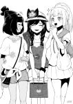  +_+ 3girls artist_name backpack bag beanie braid closed_eyes flower greyscale grin handbag hands_clasped hat hat_flower holding holding_bag lillie_(pokemon) long_hair mizuki_(pokemon) monochrome multiple_girls notori_d open_mouth own_hands_together paper_bag pokemon pokemon_(game) pokemon_sm pokemon_usum ponytail shirt short_hair short_sleeves shorts simple_background skirt smile sun_hat tank_top tied_shirt twin_braids white_background 