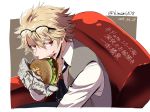  1boy artist_name bangs blonde_hair brown_eyes character_request collarbone commentary_request dated eating fang fate/grand_order fate_(series) food glasses hair_between_eyes hamburger holding holding_food shirt short_hair simple_background solo translation_request white_shirt zassou_(ukjpn) 