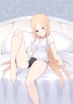  1girl abigail_williams_(fate/grand_order) bangs bare_legs barefoot black_panties blonde_hair blue_eyes collarbone commentary_request dot_nose fate/grand_order fate_(series) highres jilu long_hair looking_at_viewer lying navel on_back on_bed panties parted_bangs shirt short_sleeves solo underwear very_long_hair white_shirt 
