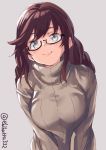  1girl bangs black-framed_eyewear blush braid breasts brown_hair brown_sweater casual closed_mouth ebifurya glasses green_eyes grey_background highres kantai_collection large_breasts long_hair long_sleeves looking_at_viewer noshiro_(kantai_collection) open_mouth ribbed_sweater semi-rimless_eyewear simple_background smile solo sweater swept_bangs turtleneck turtleneck_sweater twin_braids twitter_username under-rim_eyewear upper_body v_arms 