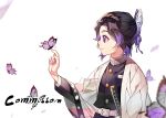  1girl bangs belt black_hair bug butterfly butterfly_hair_ornament commentary_request commission from_side hair_ornament haori insect japanese_clothes katana kimetsu_no_yaiba kochou_shinobu long_sleeves parted_bangs purple_butterfly purple_hair sal short_hair smile solo sword uniform violet_eyes weapon white_belt 