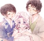  1girl 2boys ^_^ black_hair blush closed_eyes closed_mouth comforting commentary_request extra facial_mark family floral_print hand_on_another&#039;s_hand haori happy highres japanese_clothes kimetsu_no_yaiba kimono knees_up koame_1027 long_sleeves medium_hair multiple_boys obi parted_lips rui_(kimetsu_no_yaiba) sash simple_background smile tears tied_hair uniform upper_body violet_eyes white_background white_hair 