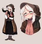  1girl bags_under_eyes bangs bloodborne blush bonnet boots brown_dress cape closed_mouth cravat dress flower from_software highres parted_bangs plain_doll raburine red_neckwear slug smile solo standing thick_eyebrows white_hair yellow_eyes 