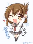  1girl ;d arm_up bangs blush_stickers brown_eyes brown_footwear brown_hair chibi commentary_request eyebrows_visible_through_hair folded_ponytail full_body grey_legwear grey_sailor_collar grey_skirt hair_between_eyes heart inazuma_(kantai_collection) kantai_collection long_sleeves looking_at_viewer neckerchief one_eye_closed open_mouth pleated_skirt red_neckwear sailor_collar school_uniform serafuku shirt sidelocks skirt smile socks solo sou_(soutennkouchi) star translation_request twitter_username white_background white_shirt 