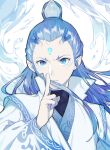  1boy antlers ao_bing blue_eyes blue_hair blue_horns chinese_clothes facial_mark forehead_mark hair_ornament hair_pulled_back highres horns index_finger_raised long_hair male_focus ne_zha_(2019_movie) pointy_ears quail0503 scales topknot upper_body water wide_sleeves 
