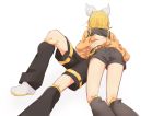  1boy 1girl all_fours arms_around_back belt black_legwear black_shirt black_shorts blonde_hair bow from_behind full_body hair_bow headphones highres hug jacket kagamine_len kagamine_rin knee_up leg_warmers lying m0ti on_back orange_jacket shirt shoes short_hair short_shorts shorts siblings twins vocaloid white_background white_bow white_footwear 