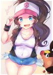  1girl blue_eyes brown_hair looking_at_viewer pokemon pokemon_(game) pokemon_masters pokemon_vw racket_ti1 shorts smile solo tank_top tepig thighs touko_(pokemon) vest 