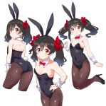  1girl animal_ears black_footwear black_hair black_leotard bow bowtie breasts bunny_tail bunnysuit cropped_legs detached_collar hair_ribbon high_heels highres jumping kurokawa_makoto leotard looking_at_viewer love_live! love_live!_school_idol_project multiple_views pantyhose rabbit_ears red_eyes red_neckwear red_ribbon ribbon simple_background small_breasts strapless strapless_leotard tail twintails white_background wrist_cuffs yazawa_nico 
