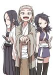  3girls :d absurdres bangs bare_shoulders black_gloves black_hair black_hakama black_legwear brown_eyes brown_hair diagonal_bangs fake_horns fangs fingerless_gloves forehead gloves hadanugi_dousa hakama highres horns japanese_clothes katana kimono kunoichi_tsubaki_no_mune_no_uchi long_sleeves looking_at_viewer low_ponytail multiple_girls official_art open_mouth outstretched_arms parted_bangs ponytail purple_kimono red_eyes sheath sheathed short_kimono simple_background sleeveless sleeveless_kimono smile standing sword thigh-highs weapon white_background white_kimono wide_sleeves yamamoto_souichirou 