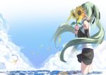  1girl absurdres aqua_hair bare_shoulders black_skirt black_sleeves blue_sky blush closed_eyes clouds commentary crying day detached_sleeves flower from_side hair_ornament hatsune_miku highres holding holding_flower huge_filesize kimyo leaves_in_wind long_hair ocean outdoors petals reflection shirt shoulder_tattoo skirt sky sleeveless sleeveless_shirt smile solo sunflower tattoo tears twintails very_long_hair vocaloid wading water white_shirt 
