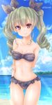  1girl anchovy arm_behind_back arm_grab ass_visible_through_thighs bangs beach bikini black_bikini black_ribbon blue_sky blurry blurry_background closed_mouth clouds cloudy_sky commentary cowboy_shot day depth_of_field drill_hair eyebrows_visible_through_hair frilled_bikini frills girls_und_panzer green_hair hair_ribbon highres long_hair looking_at_viewer navel ocean outdoors red_eyes ribbon sky smile solo sparkle standing strapless strapless_bikini swimsuit thigh_gap twin_drills twintails twitter_username yunagi_(arukumaruta) 