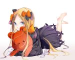  1girl abigail_williams_(fate/grand_order) bangs barefoot black_bow black_dress black_headwear blonde_hair blue_eyes bow brown_background bug butterfly commentary_request dress eyebrows_visible_through_hair fate/grand_order fate_(series) forehead gradient gradient_background hair_bow hat insect legs_up long_hair long_sleeves looking_at_viewer lying maimuro object_hug on_stomach orange_bow parted_bangs parted_lips polka_dot polka_dot_bow sleeves_past_fingers sleeves_past_wrists soles solo stuffed_animal stuffed_toy teddy_bear very_long_hair white_background 