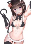  1girl absurdres anger_vein animal_ears armpits ass_visible_through_thighs bare_shoulders bikini black_bikini black_choker black_gloves black_legwear bow bowtie breasts breasts_apart brown_hair cat_ears cat_girl cat_tail choker cowboy_shot foreshortening frilled_bikini frills front-tie_bikini front-tie_top frown gloves groin hair_ornament hand_up highres holding holding_tail looking_at_viewer medium_breasts navel open_mouth original outstretched_arm self_shot short_hair sidelocks simple_background skindentation solo stomach sunhyun swimsuit tail thigh-highs v-shaped_eyebrows violet_eyes white_background x_hair_ornament 