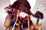  1girl abigail_williams_(fate/grand_order) bangs black_bow black_dress black_headwear black_neckwear blonde_hair blue_eyes bow commentary_request dress eyebrows_visible_through_hair eyes_visible_through_hair fate/grand_order fate_(series) hair_bow hat long_hair looking_at_viewer multiple_bows orange_bow orange_neckwear parted_bangs shaded_face sleeves_past_wrists solo zassou_(ukjpn) 