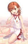  1girl :d bangs bare_arms bare_shoulders blush breasts brown_eyes brown_hair commentary_request eyebrows_visible_through_hair flower full_body hair_flower hair_ornament looking_at_viewer misaka_mikoto open_mouth raika9 round_teeth shirt shoes short_shorts shorts sleeveless sleeveless_shirt small_breasts smile solo sportswear squatting teeth to_aru_kagaku_no_railgun to_aru_majutsu_no_index twitter_username upper_teeth v-shaped_eyebrows white_background white_flower white_footwear white_shirt white_shorts 