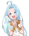  1girl :d ahoge blue_eyes blue_hair blush choker commentary eyebrows_visible_through_hair eyes_visible_through_hair feathers granblue_fantasy gyoju_(only_arme_nim) highres leaning_to_the_side long_hair lyria_(granblue_fantasy) open_mouth own_hands_together sketch smile solo upper_body white_background 
