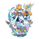  1girl aleen basket blonde_hair blue_eyes breasts buttons dragalia_lost dress flower full_body gloves large_breasts leggings long_hair looking_at_viewer non-web_source official_art open_mouth saitou_naoki short_sleeves smile solo staff standing standing_on_one_leg tiara transparent_background very_long_hair 