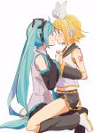  2girls aqua_eyes aqua_hair arm_tattoo bare_shoulders belt black_legwear blonde_hair blush boots bow crop_top detached_sleeves face-to-face hair_bow hair_ornament hair_ribbon hairclip hatsune_miku headphones headset highres imminent_kiss interlocked_fingers kagamine_rin leg_warmers long_hair m0ti midriff multiple_girls necktie nervous no_eyes noses_touching number_tattoo ribbon sailor_collar shirt shorts siblings sitting sitting_on_person sketch skirt sleeveless sleeveless_shirt smile straddling sweatdrop tattoo thigh-highs thigh_boots twins twintails upright_straddle very_long_hair vocaloid wavy_mouth yuri 