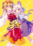  2girls :d ;d animal_ears animal_print apron black_hair black_ribbon black_skirt black_vest blonde_hair blue_capelet blush capelet claw_pose commentary_request eyebrows_visible_through_hair facing_viewer fang fangs flower frilled_apron frills grey_hair hair_flower hair_ornament hand_up highres jewelry long_sleeves lotus mouse_ears mouse_tail multicolored_hair multiple_girls nazrin nig_18 one_eye_closed open_mouth orange_eyes pants paw_print pendant red_eyes red_skirt red_vest ribbon shirt short_hair skirt smile socks star star-shaped_pupils symbol-shaped_pupils tail tiger_ears tiger_print tiger_tail toramaru_shou touhou vest waist_apron white_legwear white_pants white_shirt yellow_background 