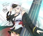  1girl artist_name azur_lane bare_shoulders belt black_jacket black_neckwear black_skirt collared_shirt commentary_request dated enterprise_(azur_lane) eyebrows_visible_through_hair hair_between_eyes hand_on_headwear hat jacket kayura_yuka long_hair looking_at_viewer necktie open_clothes open_jacket open_mouth peaked_cap shirt signature skirt sleeveless sleeveless_shirt smile solo violet_eyes white_hair white_shirt 