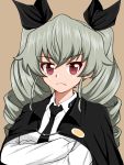  1girl anchovy anzio_school_uniform bangs black_cape black_neckwear black_ribbon brown_background cape closed_mouth commentary crossed_arms dress_shirt drill_hair eyebrows_visible_through_hair frown girls_und_panzer green_hair hair_ribbon highres long_hair long_sleeves looking_at_viewer necktie red_eyes ribbon ruka_(piyopiyopu) school_uniform shirt simple_background solo twin_drills twintails upper_body white_shirt 