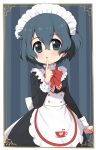  1girl alternate_costume apron black_dress black_hair blue_eyes blush bow bowtie commentary_request cowboy_shot dress enmaided eyebrows_visible_through_hair finger_to_mouth frilled_dress frills japari_symbol kaban_(kemono_friends) kemono_friends kemono_friends_3 long_sleeves maid maid_apron maid_dress maid_headdress no_hat no_headwear ransusan red_neckwear short_hair sleeve_cuffs solo white_frills 