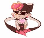 +_+ 1girl artist_name black_hair black_jumpsuit callie_(splatoon) closed_mouth commentary coula_cat cropped_torso dark_skin domino_mask earrings hair_ornament heart heart_earrings heart_hair_ornament heart_hands highres jewelry long_hair looking_at_viewer mask mole mole_under_eye multicolored_hair one_eye_closed pink_hair pointy_ears signature simple_background smirk solo splatoon_(series) splatoon_1 tentacle_hair two-tone_hair upper_body very_dark_skin white_background