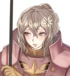  1girl armor blush effie_(fire_emblem) fire_emblem fire_emblem_fates flower full_armor green_eyes grey_hair hair_flower hair_ornament holding_polearm pink_armor short_hair short_ponytail simple_background solo upper_body white_background zuizi 