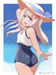  1girl ass bangs blue_eyes blue_ribbon blue_sky brown_headwear commentary competition_swimsuit cowboy_shot crop_top eyebrows_visible_through_hair flower from_behind hair_flower hair_ornament hand_on_headwear hat hat_ribbon kantai_collection long_hair looking_at_viewer looking_back mayomaru1 one-piece_swimsuit one-piece_tan open_mouth outdoors outside_border ribbon ro-500_(kantai_collection) sailor_collar school_swimsuit school_uniform serafuku sky smile solo standing straw_hat sun_hat swimsuit swimsuit_under_clothes tan tanline twitter_username v 